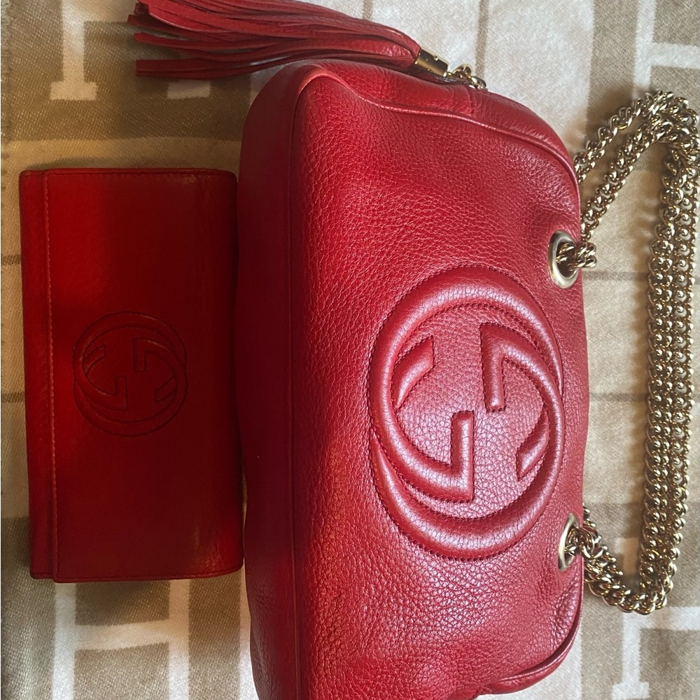 Gucci Crimson Leather Shoulder Bag with Chain with matching wallet